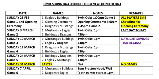 OMBL Men's Baseball 2024 Spring Schedule